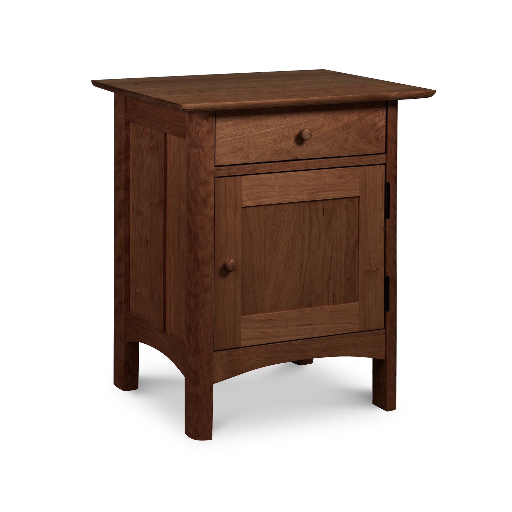 Heartwood Shaker 1-Drawer Nightstand with Door, eco-friendly oil finish, solid wood with a single drawer and cabinet door against a white background. Designed by Vermont Furniture Designs.