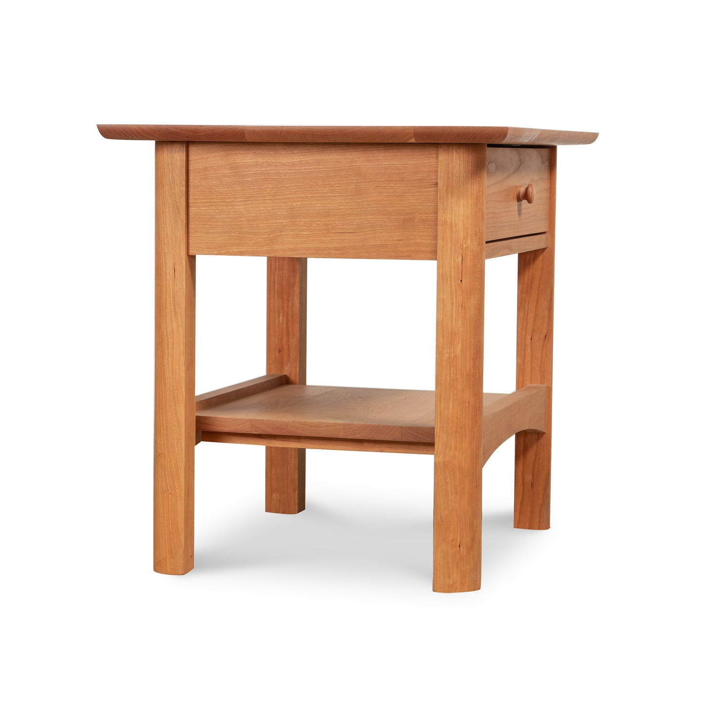 Heartwood Shaker 1-Drawer Open Shelf Nightstand in natural cherry showcasing prominent wood grain, 22 inches high by Vermont Furniture Designs.