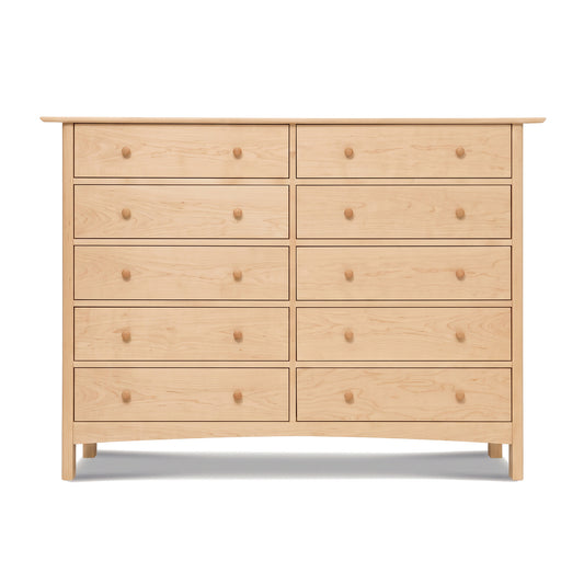 Heartwood Shaker 10-drawer dresser in light solid wood with round knobs, handcrafted in Vermont by Vermont Furniture Designs.