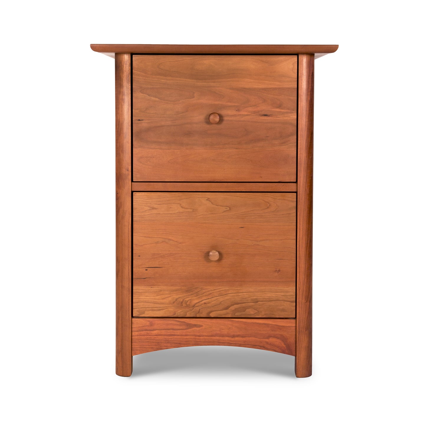 A Heartwood Shaker 2-Drawer Vertical File Cabinet made by Vermont Furniture Designs, made of solid wood with two drawers.