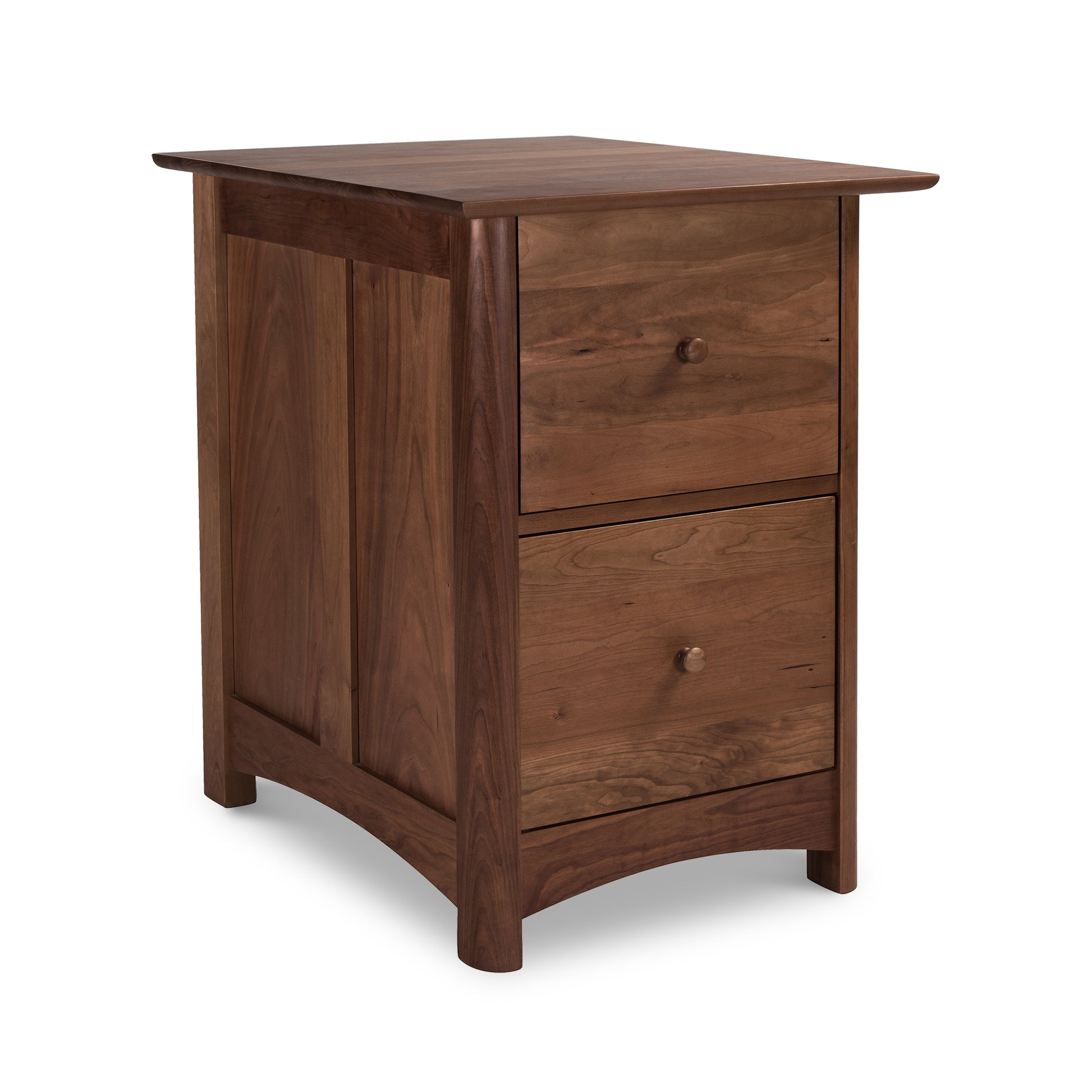 A Vermont Furniture Designs Heartwood Shaker Style two-drawer nightstand isolated on a white background.