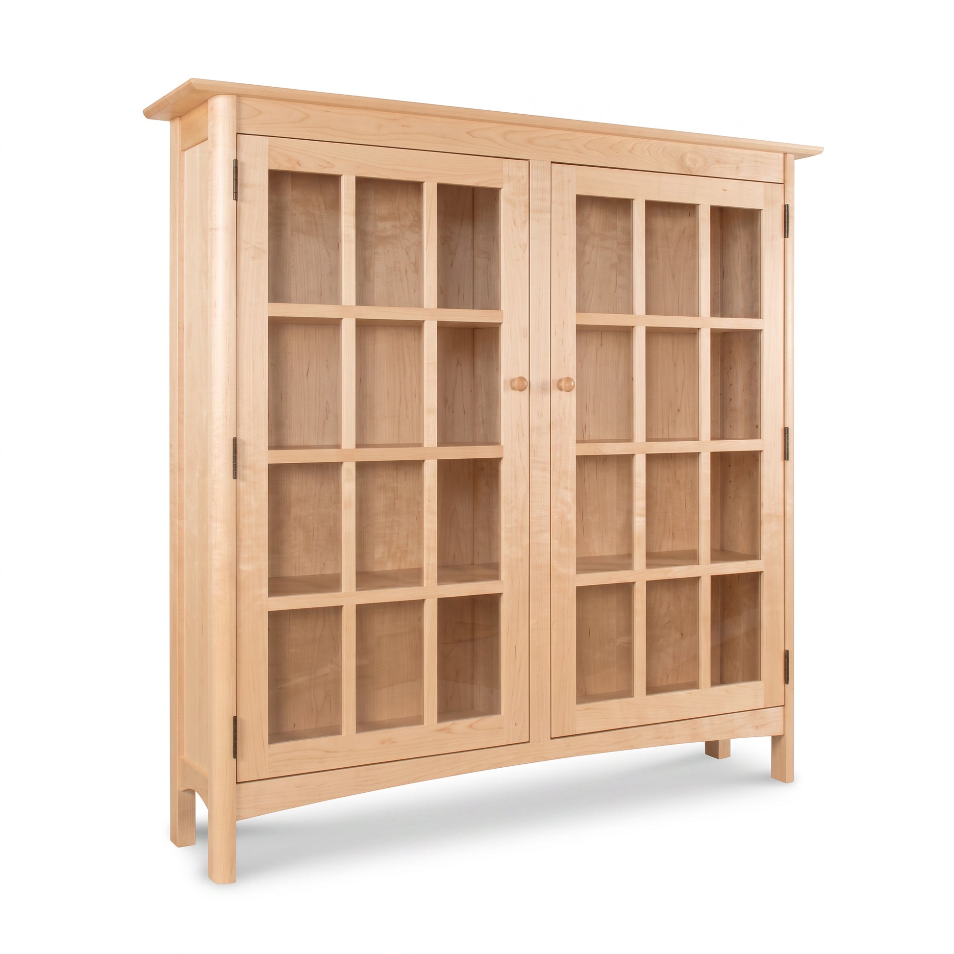 Heartwood Shaker 2-Glass Door Bookcase by Vermont Furniture Designs features grid glass doors and four legs, crafted from quality wood.
