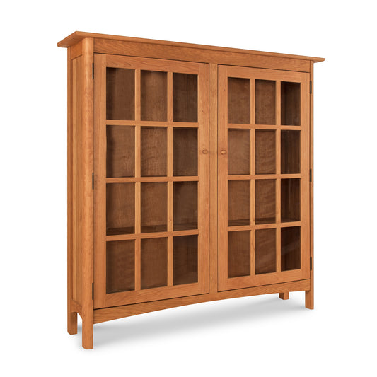 Heartwood Shaker 2-Glass Door Bookcase in solid wood with a natural oil finish, featuring classic shaker design and sturdy four-leg base by Vermont Furniture Designs.