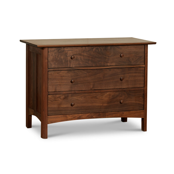 A Vermont Furniture Designs Heartwood Shaker 3-Drawer Chest with a simple design and round knobs on a white background, featuring an eco-friendly oil finish.
