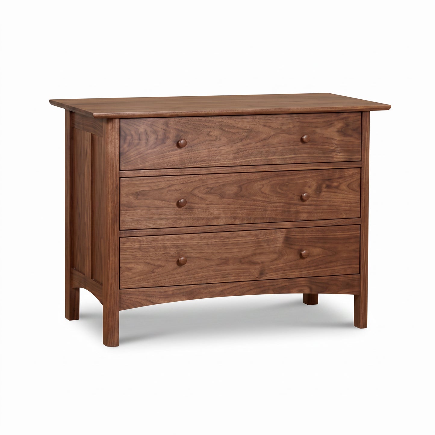 Heartwood Shaker 3-Drawer Chest by Vermont Furniture Designs, handcrafted in solid wood with round knobs, emphasizing quality American craftsmanship.