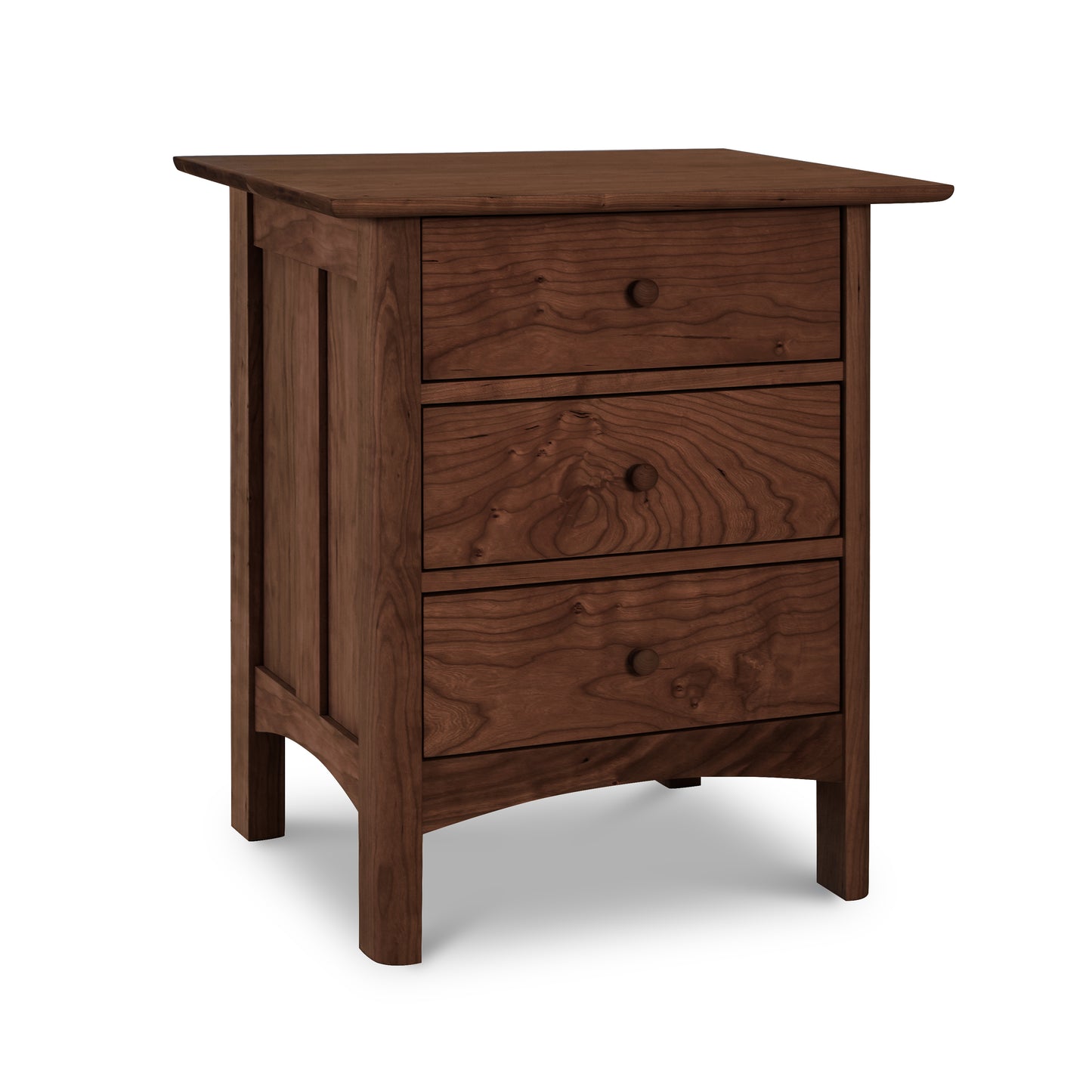 A Vermont Furniture Designs Heartwood Shaker 3-Drawer Nightstand with three drawers on a white background.