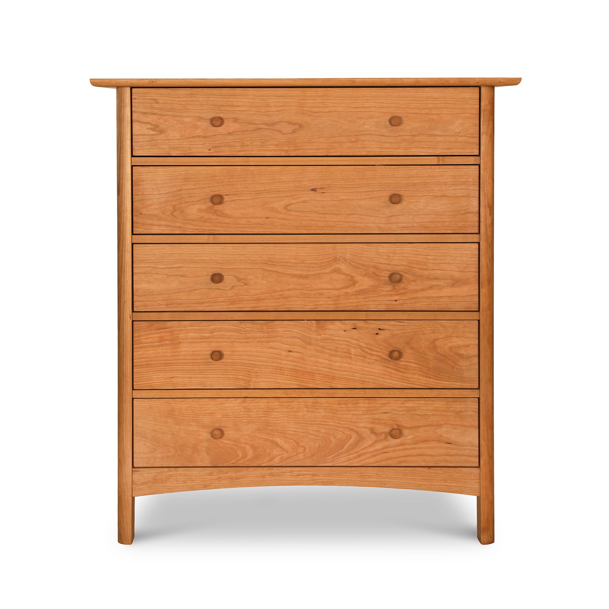 A contemporary Heartwood Shaker 5-Drawer Chest by Vermont Furniture Designs on a white background.