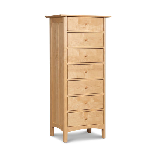 Heartwood Shaker 7-Drawer Lingerie Chest in solid wood with a light finish and round knobs, expertly handcrafted in Vermont.
