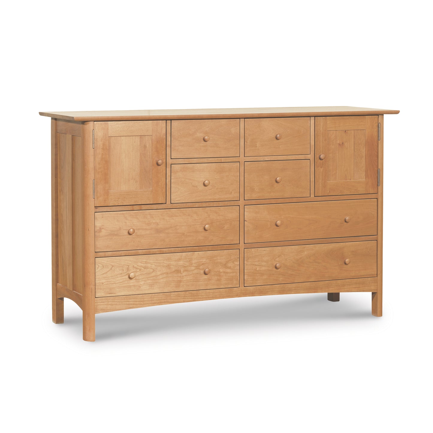 A Vermont Furniture Designs Heartwood Shaker 8-Drawer 2-Door Dresser made from solid cherry maple walnut wood, featuring multiple drawers of varying sizes and an eco-friendly oil finish against a white background.