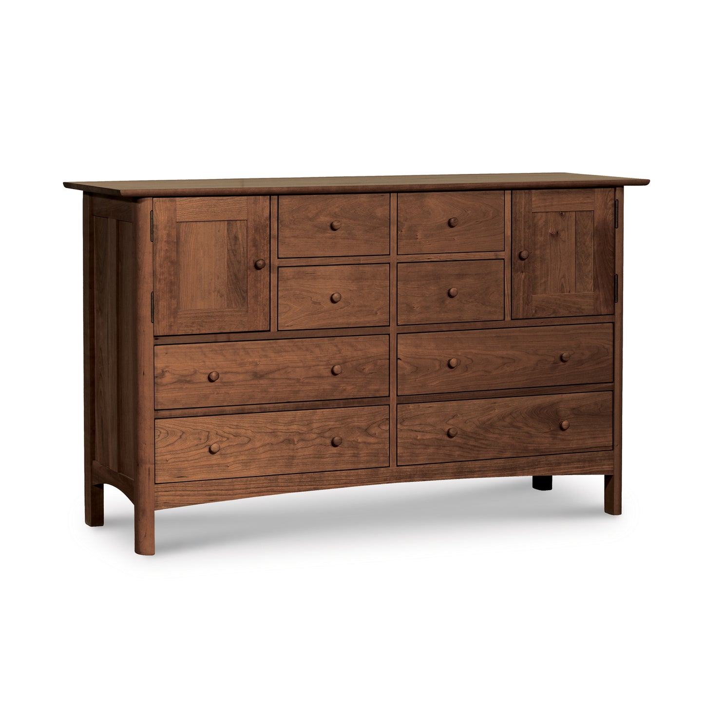 A traditional Vermont Furniture Designs Heartwood Shaker 8-Drawer 2-Door Dresser with multiple drawers of varying sizes on a white background, made from solid cherry maple walnut wood.