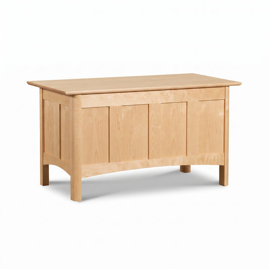 Heartwood Shaker Blanket Chest in solid cherry, featuring paneled sides and a hinged lid, handcrafted by Vermont Furniture Designs.