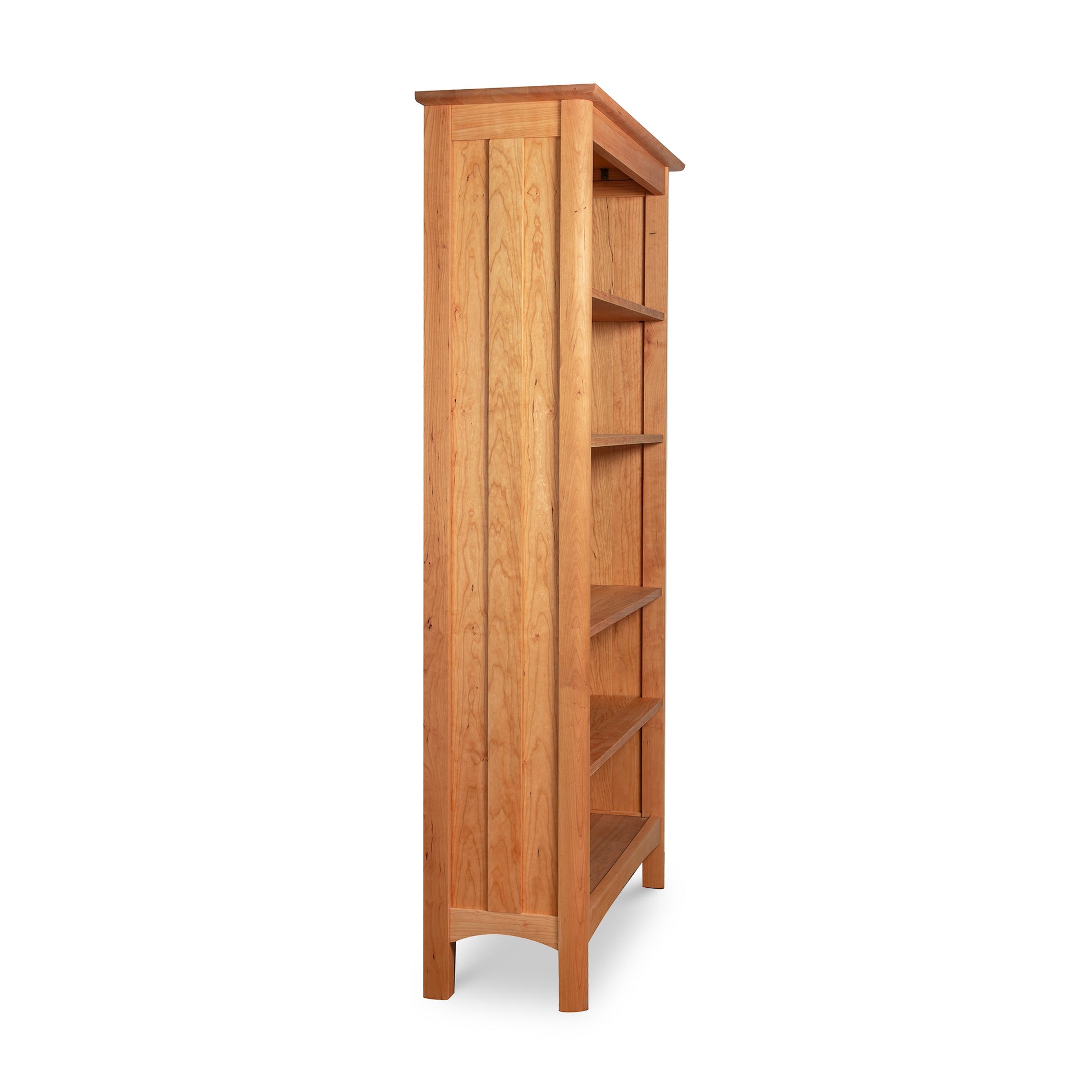 Heartwood Shaker Custom Bookcase by Vermont Furniture Designs, featuring four shelves and crafted in solid wood, shown from side and front angles.
