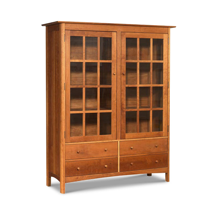 Heartwood Shaker China Cabinet by Vermont Furniture Designs, handcrafted in solid hardwood with glass-paneled doors and four drawers, light brown finish