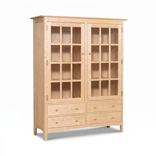 Heartwood Shaker China Cabinet Bookcase by Vermont Furniture Designs with grid glass doors and drawers, handcrafted from solid wood.