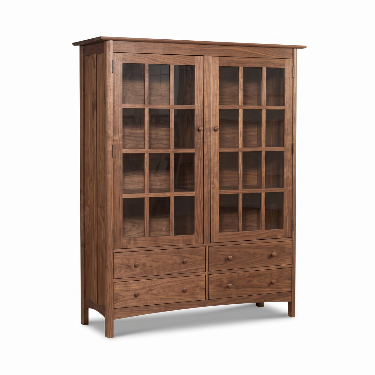 Heartwood Shaker China Cabinet by Vermont Furniture Designs with glass doors and four drawers, handcrafted in Vermont from quality hardwood.