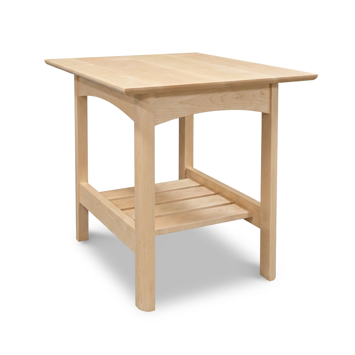 Heartwood Shaker Lamp Table by Vermont Furniture Designs, handmade in solid wood with straight legs and a slatted lower shelf, crafted in the USA.