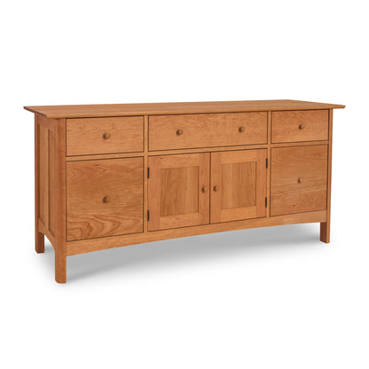 A Heartwood Shaker File Credenza from Vermont Furniture Designs with three drawers and two cabinets on a white background, featuring an eco-friendly oil finish.
