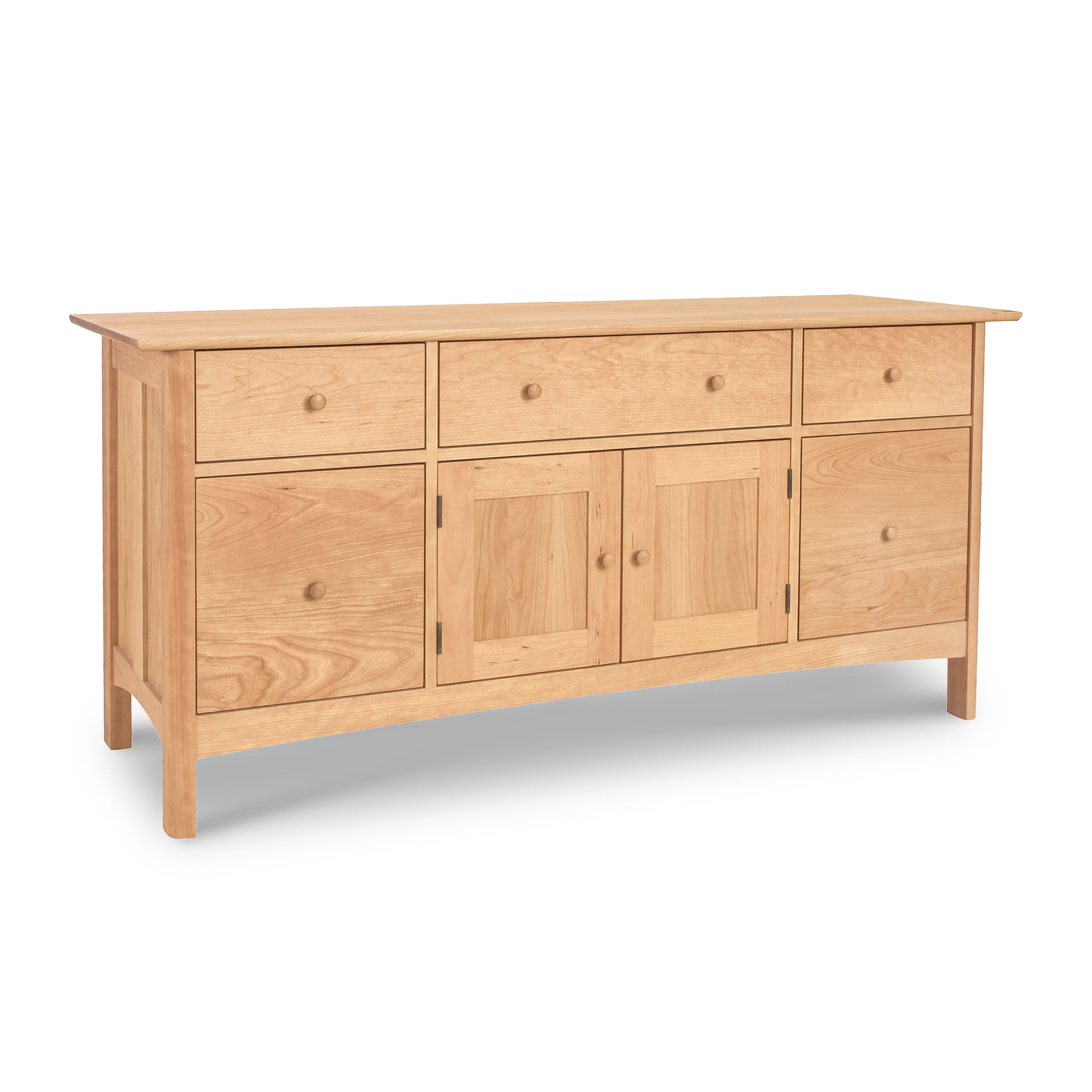 A Heartwood Shaker File Credenza from Vermont Furniture Designs with three drawers and two cabinets, set against a white background.