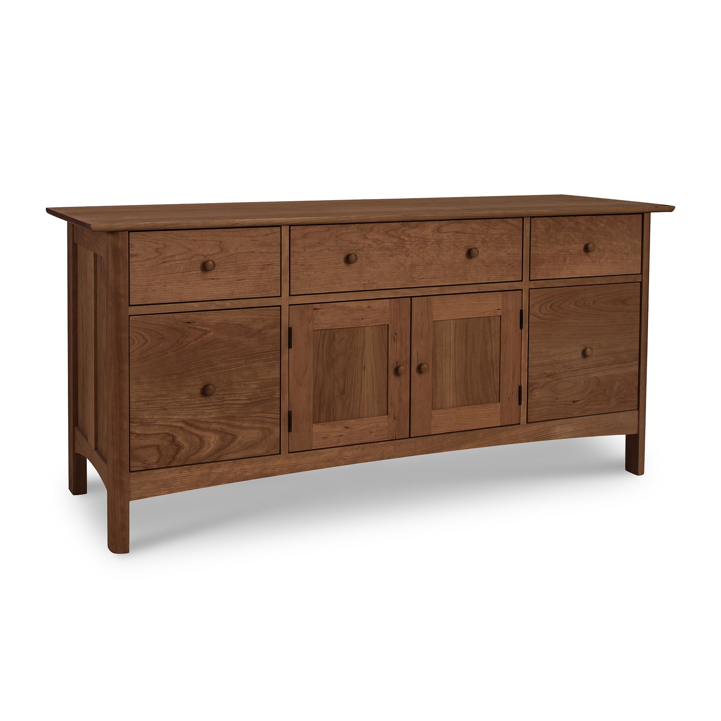A Vermont Furniture Designs Heartwood Shaker File Credenza, a luxury wooden sideboard with drawers and doors, handcrafted in shaker style.