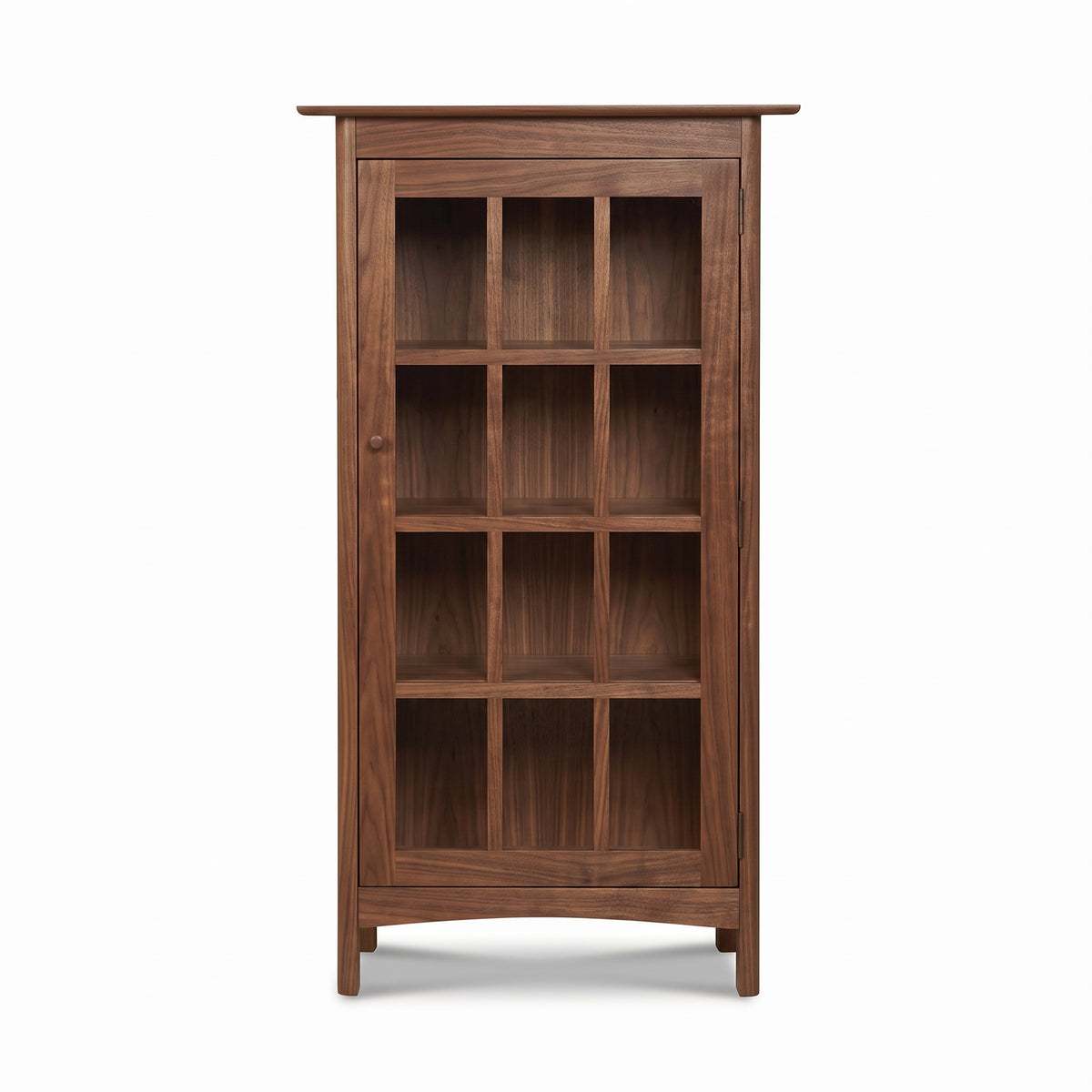 Vermont Furniture Designs Heartwood Shaker Glass Door Bookcase with short legs, crafted in USA, highlighting quality woodwork and timeless design.