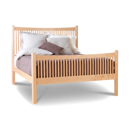 Heartwood Shaker High Footboard Bed by Vermont Furniture Designs in solid wood with vertical slats and a lavender duvet.