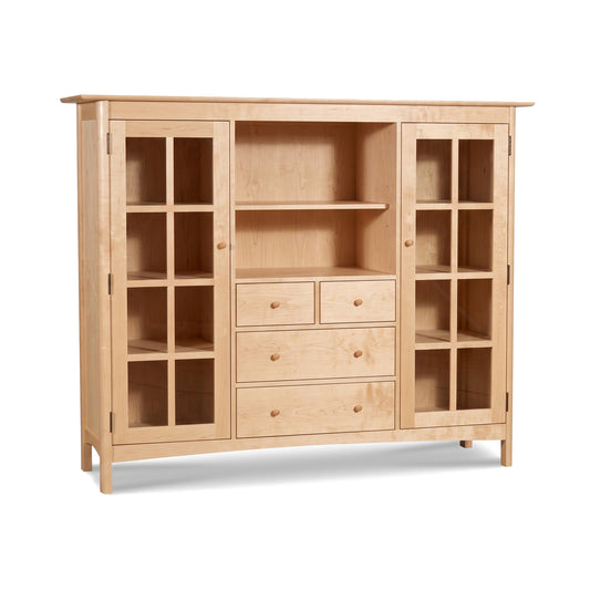 Heartwood Shaker Home Office Center Cabinet in light wood with glass doors and five drawers, showcasing Vermont-crafted quality and classic design.