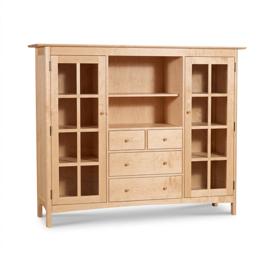 Heartwood Shaker Home Office Center Cabinet by Vermont Furniture Designs featuring glass doors, five drawers, and an open shelf in elegant solid wood.