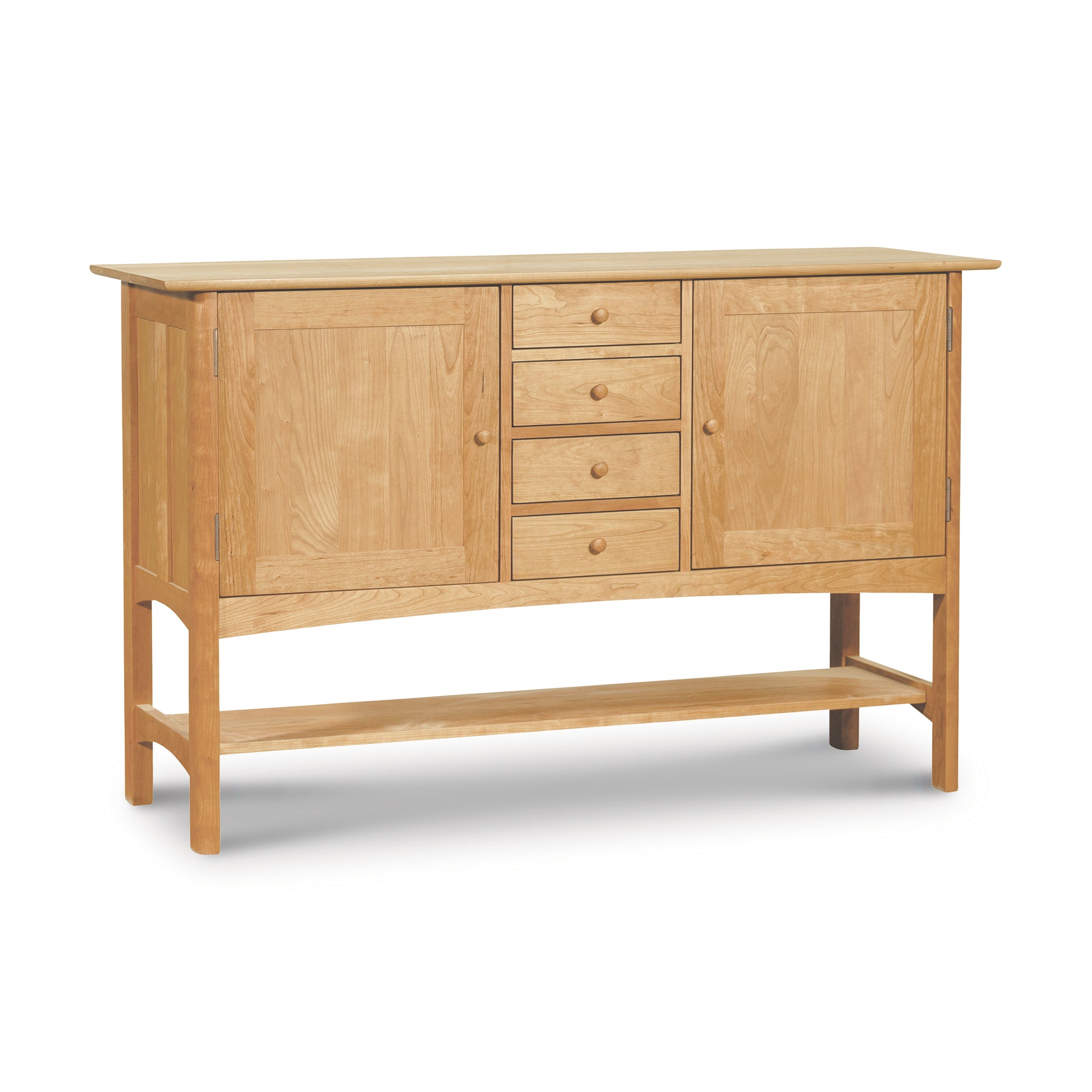 A solid wood Vermont Furniture Designs Heartwood Shaker Huntboard with two cabinet doors and five drawers, set against a white background.