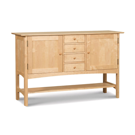 Heartwood Shaker Huntboard by Vermont Furniture Designs features solid wood, two doors, drawers, and an open lower shelf.