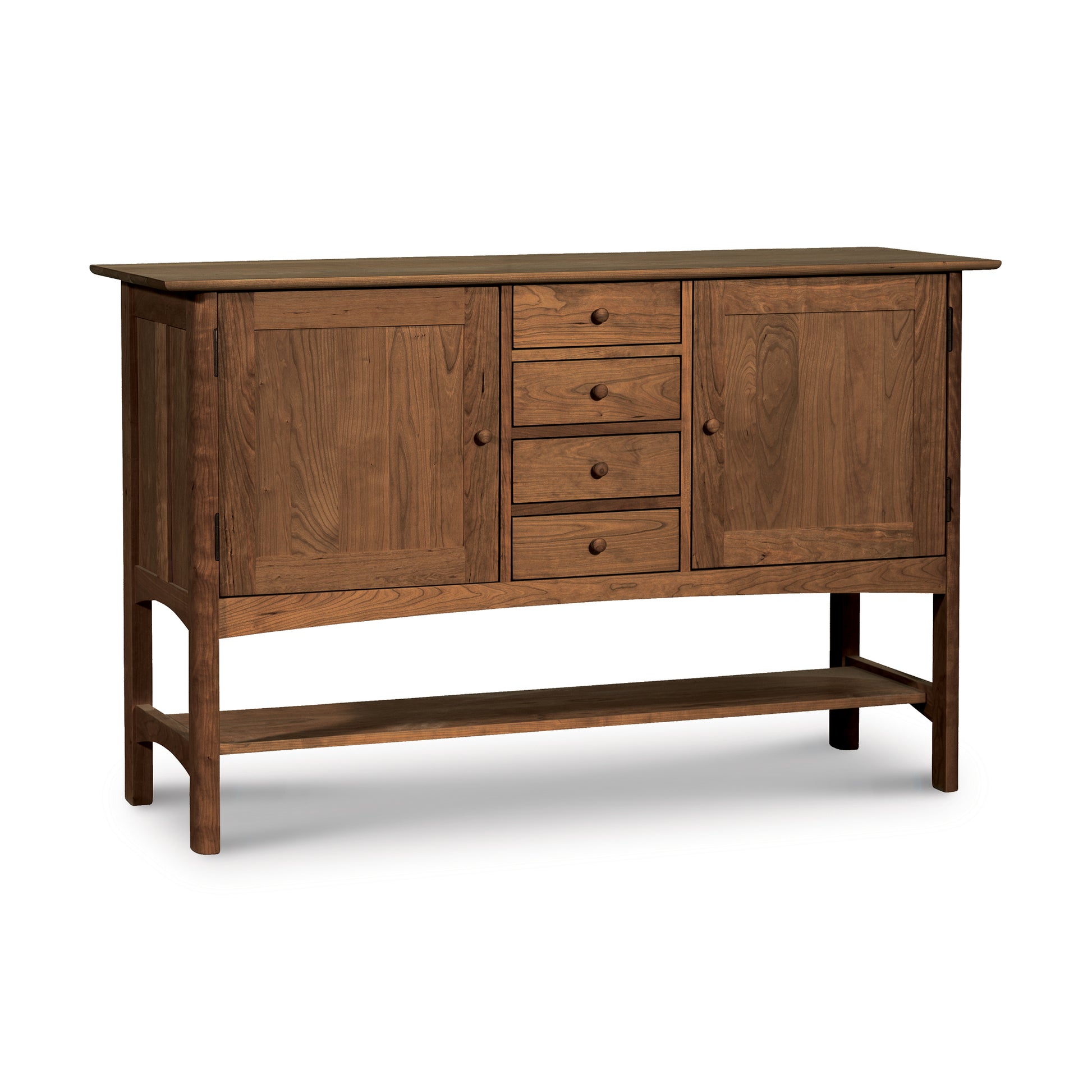 A Vermont Furniture Designs Heartwood Shaker Huntboard with three drawers in the center flanked by two cabinet doors, set against a white background.