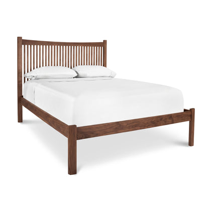 Heartwood Shaker Low Footboard Bed by Vermont Furniture Designs featuring a vertical slat headboard, shown with white bedding and pillows.
