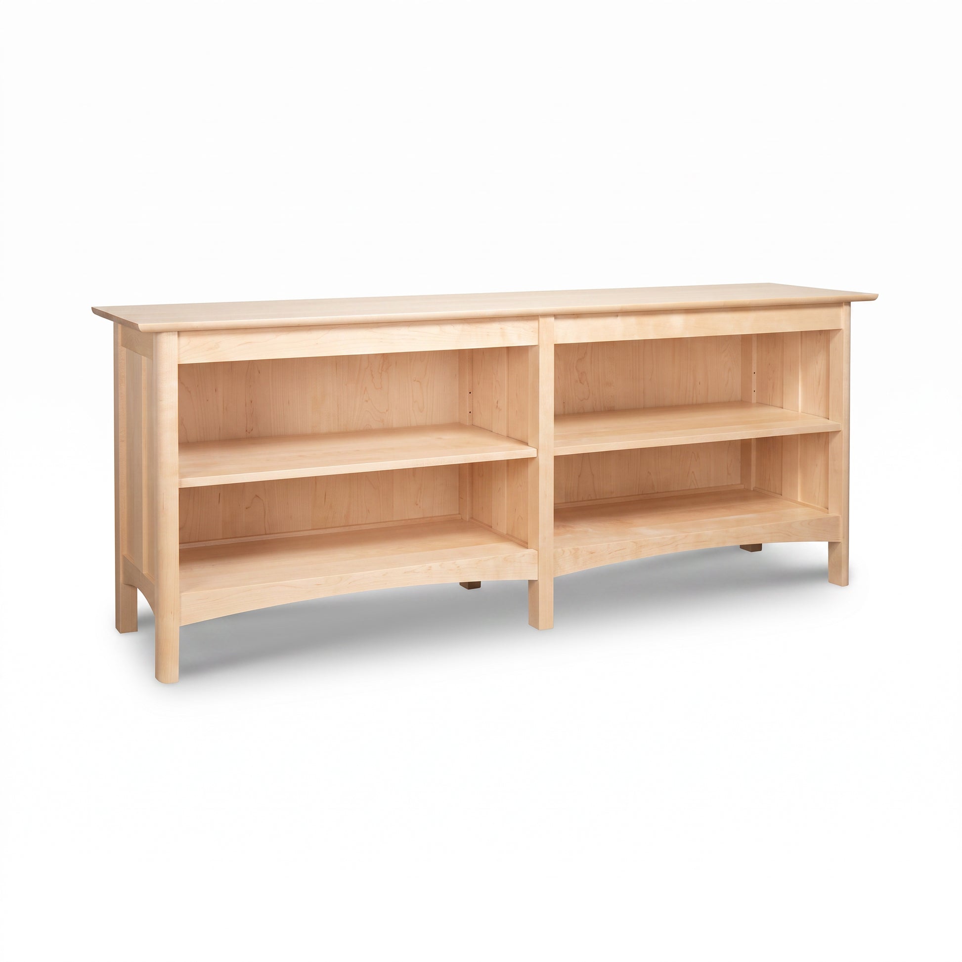Heartwood Shaker Open Console Bookcase by Vermont Furniture Designs with two shelves and short legs, showcasing classic American-made craftsmanship.