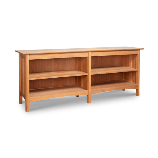Heartwood Shaker Open Console Bookcase by Vermont Furniture Designs with natural wood finish and two spacious open shelves on each side, American made.