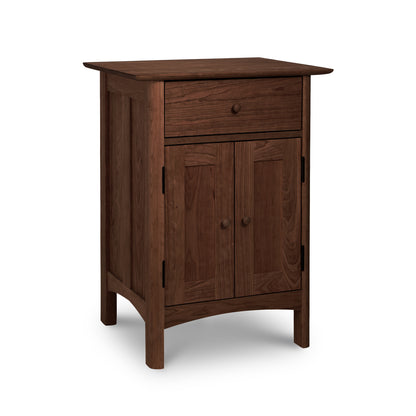 Heartwood Shaker Short Storage Chest by Vermont Furniture Designs, a solid wood cabinet with a single drawer and two doors, finished with eco-friendly oil in a dark hue for a timeless, classic design.