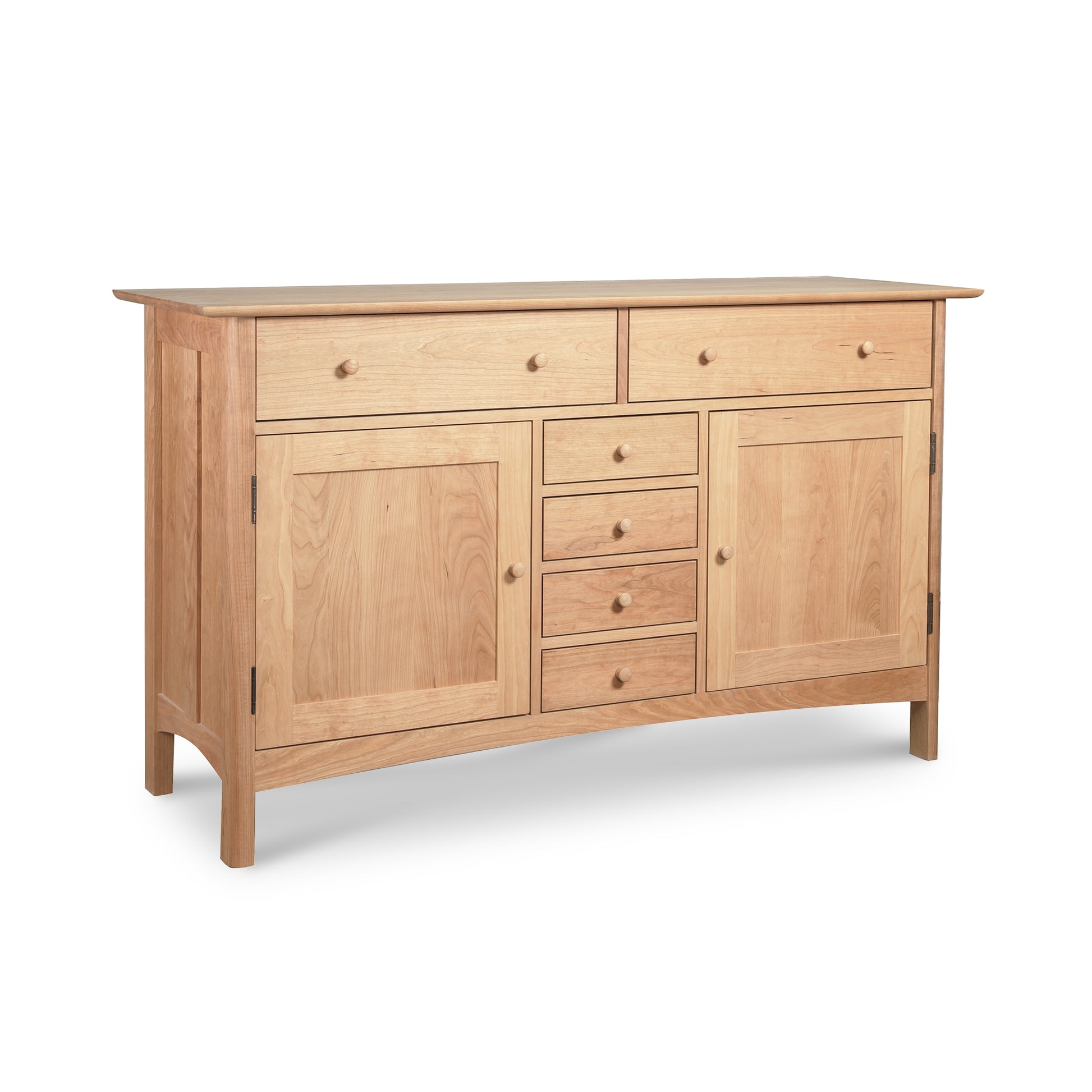 Vermont Furniture Designs Heartwood Shaker Sideboard with two doors and six drawers, crafted from solid hardwoods, displayed on a white background.