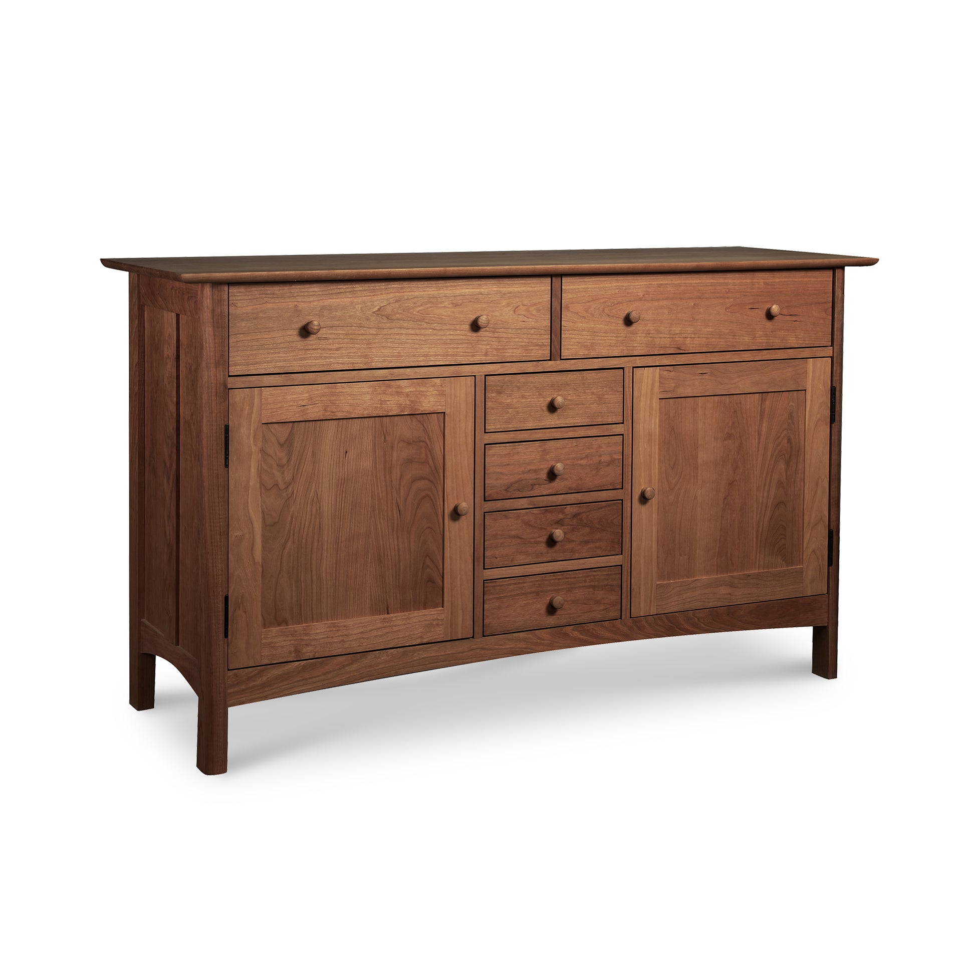 Heartwood Shaker Sideboard with dark wood finish, two top drawers, spacious cabinets, and four central drawers by Vermont Furniture Designs.