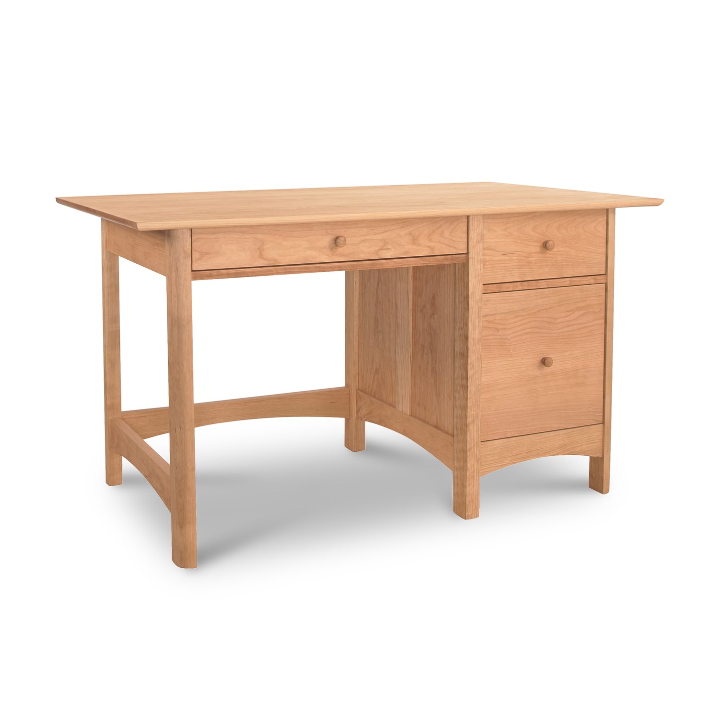 A Heartwood Shaker Study Desk from Vermont Furniture Designs with a single drawer and a cabinet, isolated on a white background.