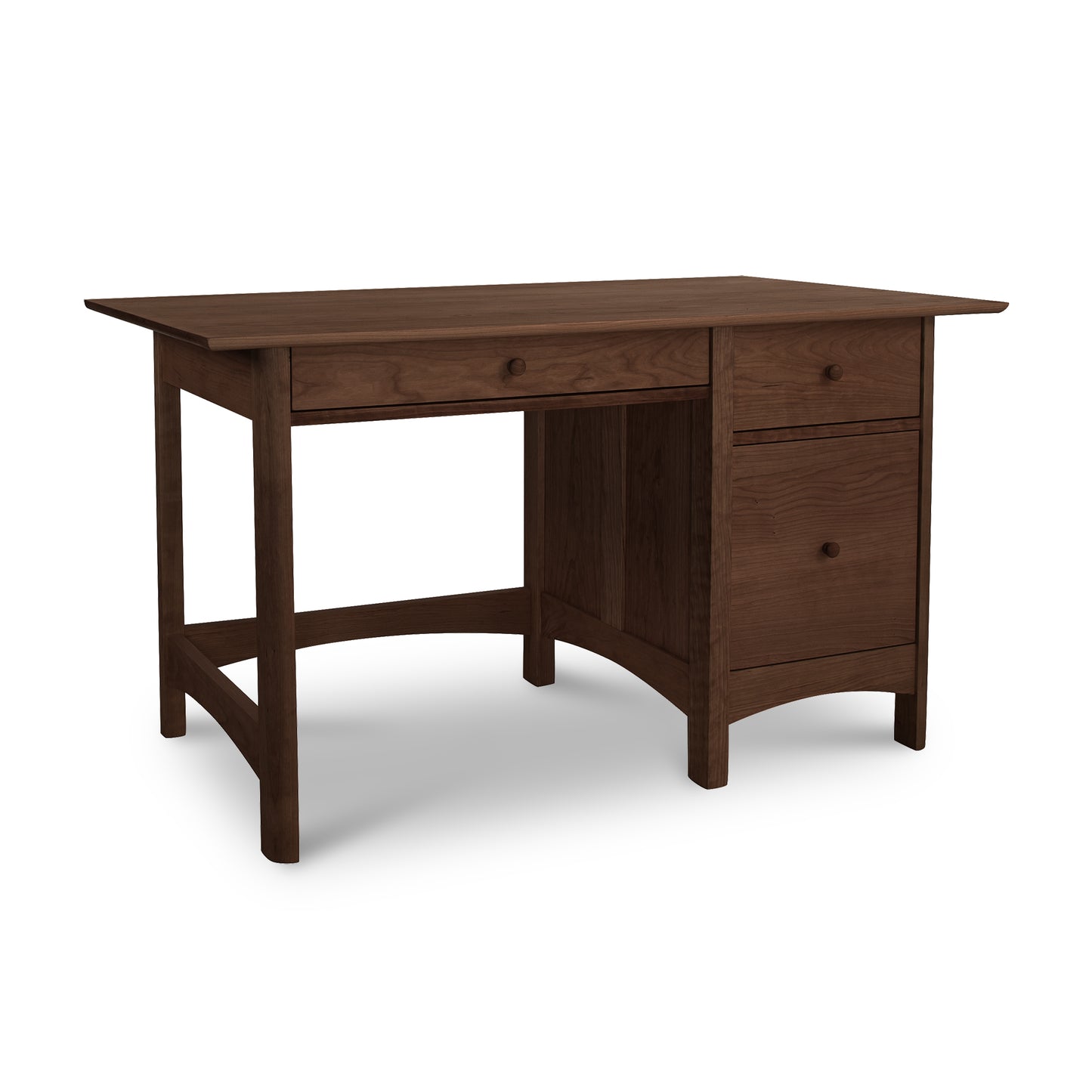 Vermont Furniture Designs Heartwood Shaker Study Desk with two drawers on one side, isolated on a white background.