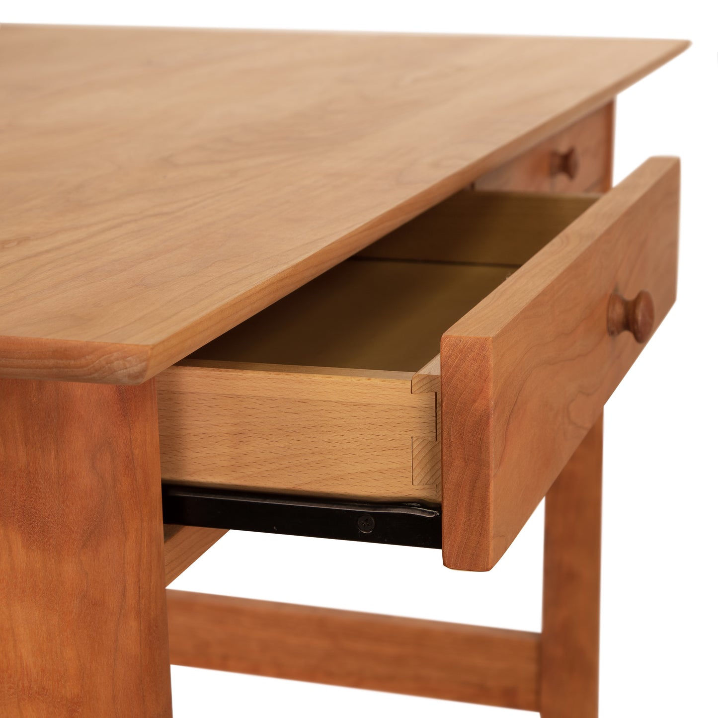 A modern Heartwood Shaker writing desk by Vermont Furniture Designs with an open drawer revealing its interior and construction details on a white background.