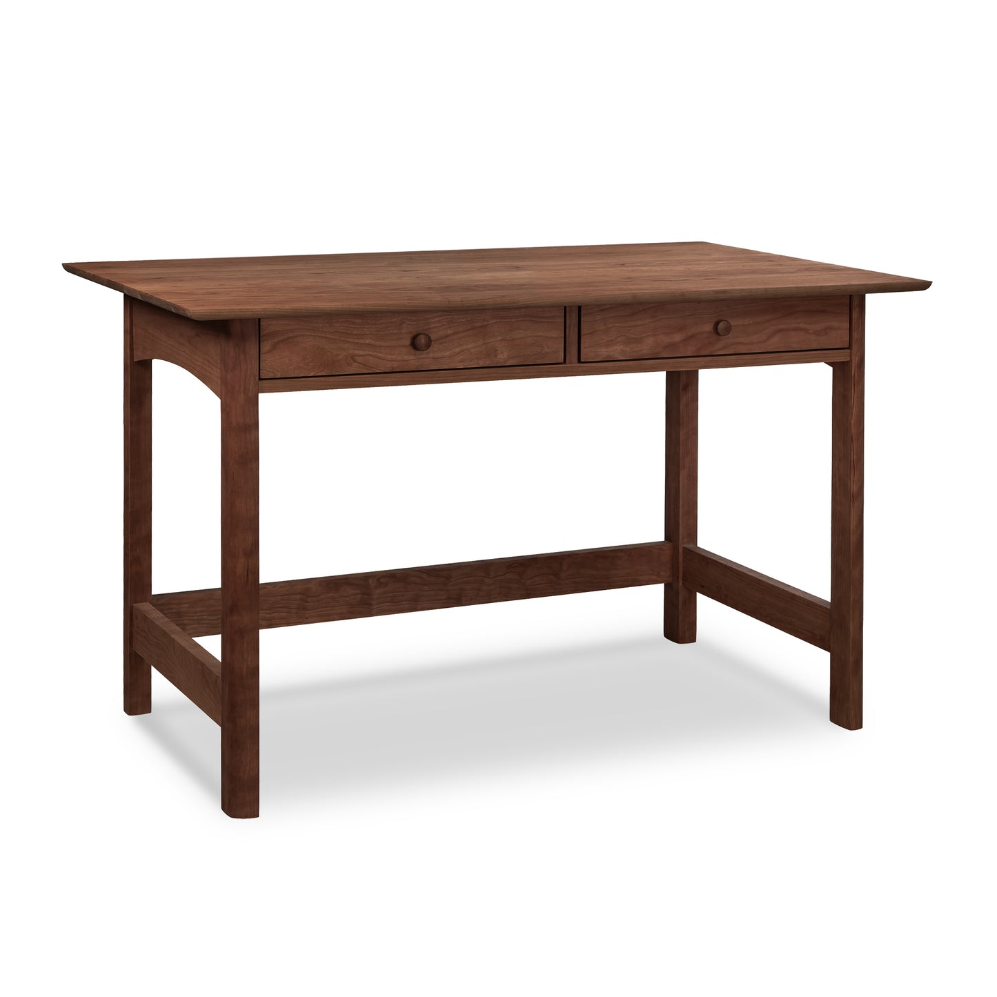 Handcrafted in Vermont, this Heartwood Shaker Writing Desk by Vermont Furniture Designs, made from sustainably sourced cherry, maple, and walnut wood with two drawers, sits on a white background.