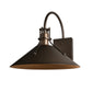 Henry Large Dark Sky Friendly Outdoor Sconce by Hubbardton Forge, featuring a dark bronze wide cone shade and curved arm, crafted in Vermont.