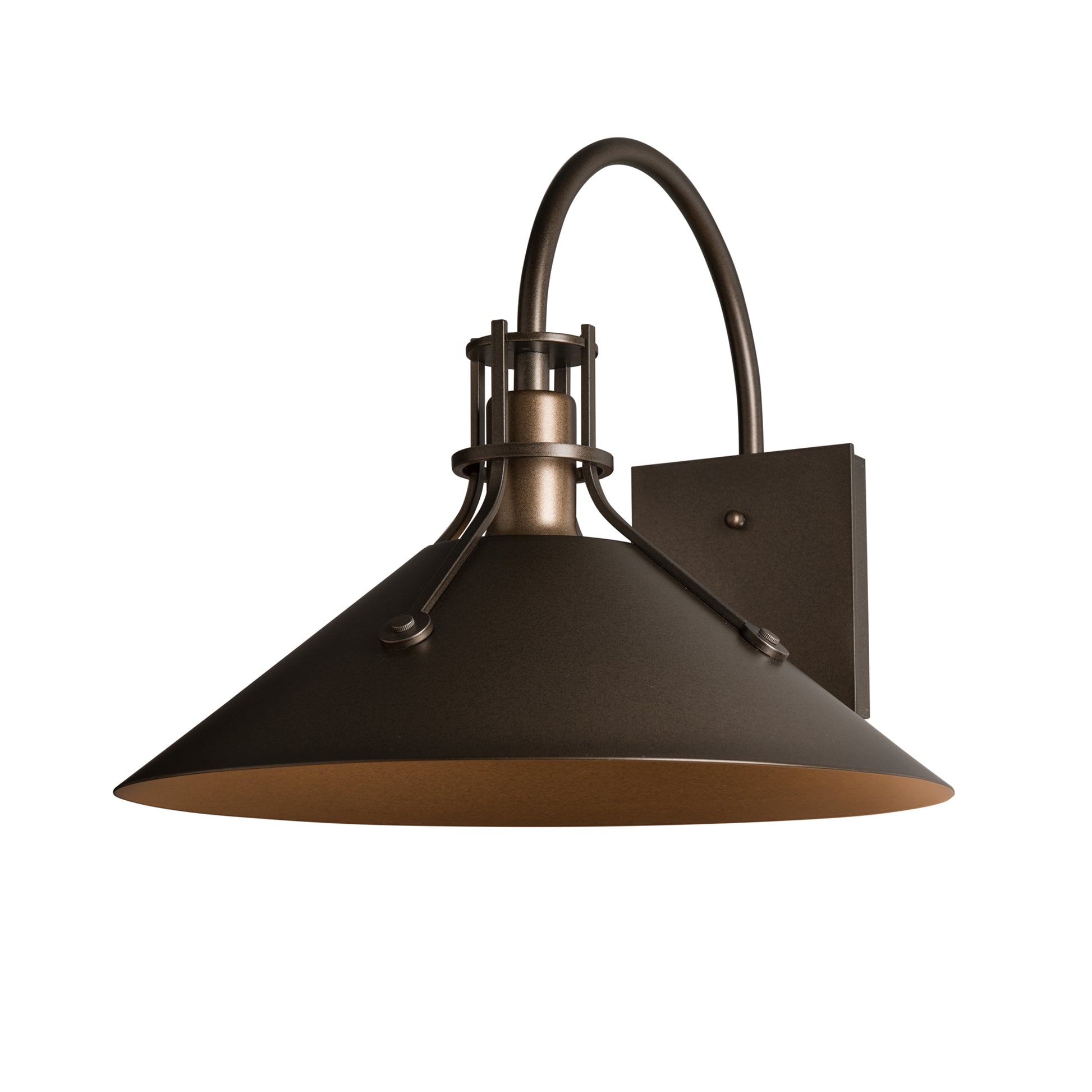 Henry Large Dark Sky Friendly Outdoor Sconce by Hubbardton Forge, featuring a dark bronze wide cone shade and curved arm, crafted in Vermont.