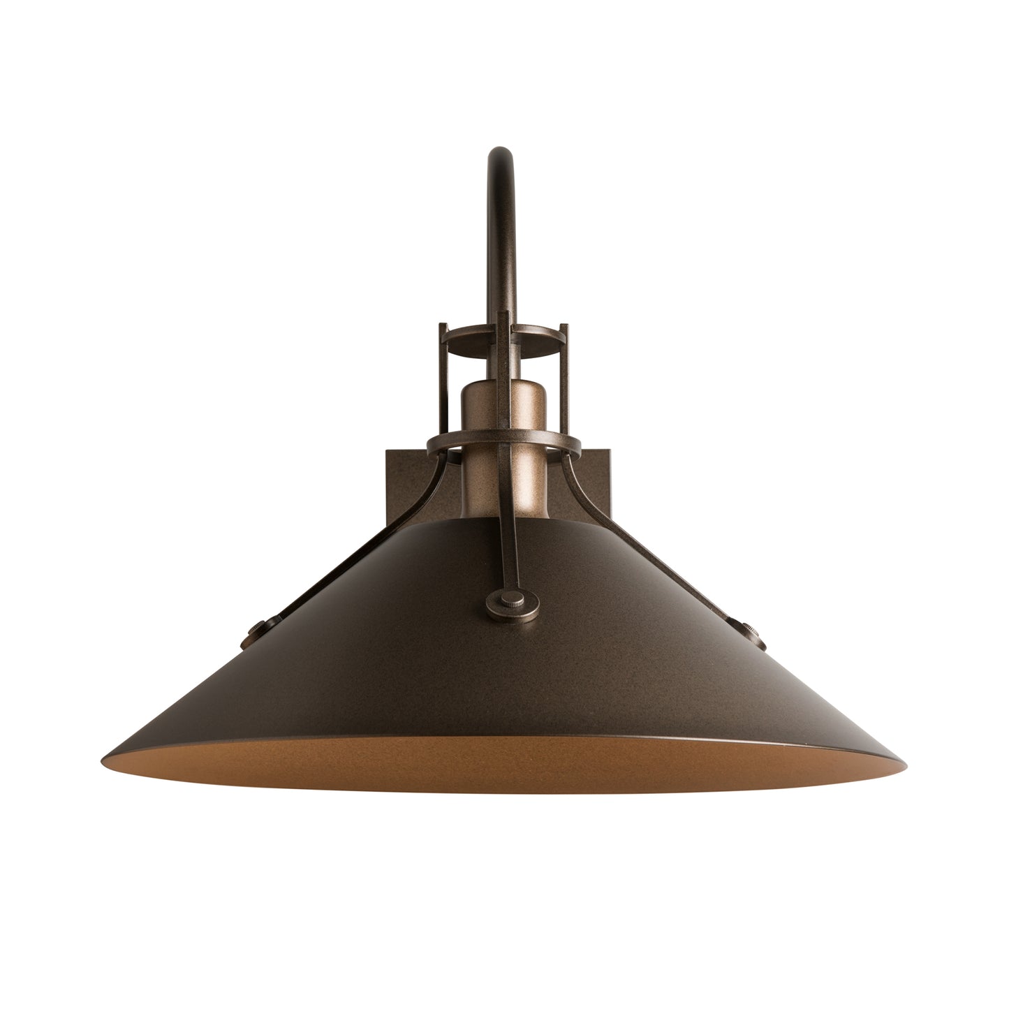 Henry Large Dark Sky Friendly Outdoor Sconce by Hubbardton Forge showcases a wide bronze shade and curved arm, offering elegant American-made exterior lighting.