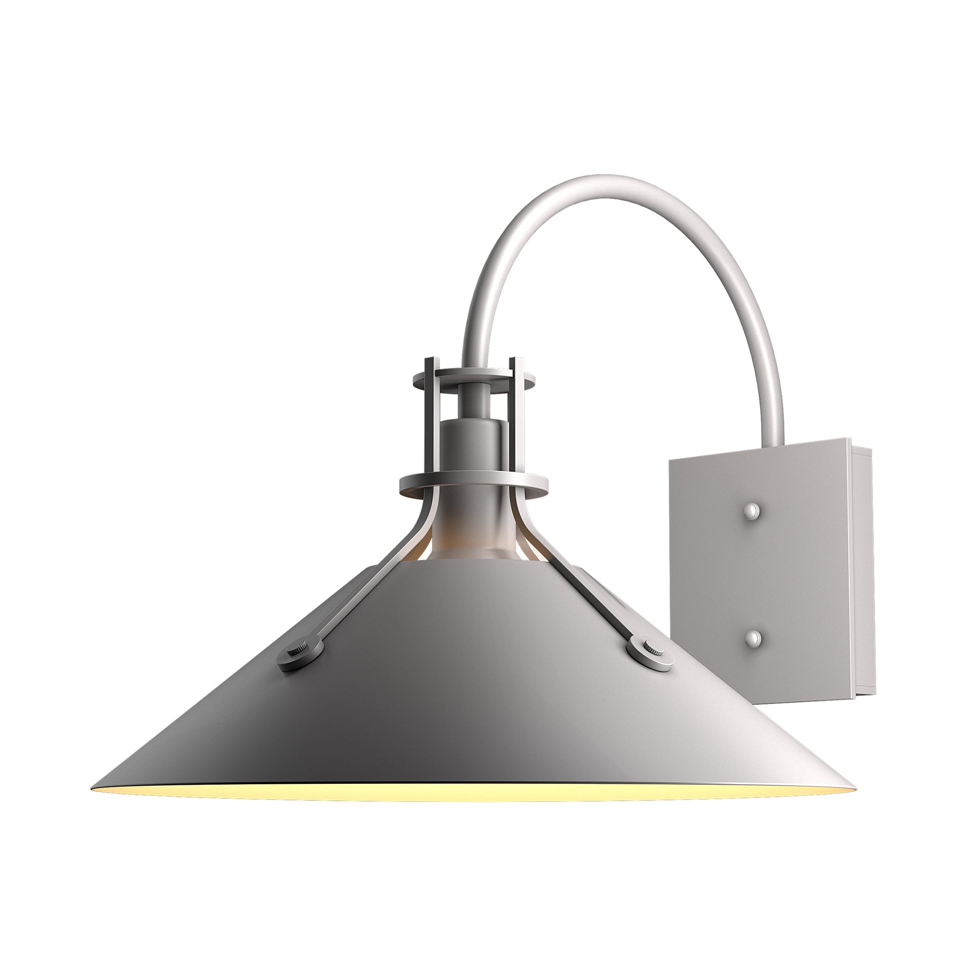 Hubbardton Forge Henry Large Outdoor Sconce with wide conical shade and curved arm, handcrafted in the USA with quality craftsmanship.