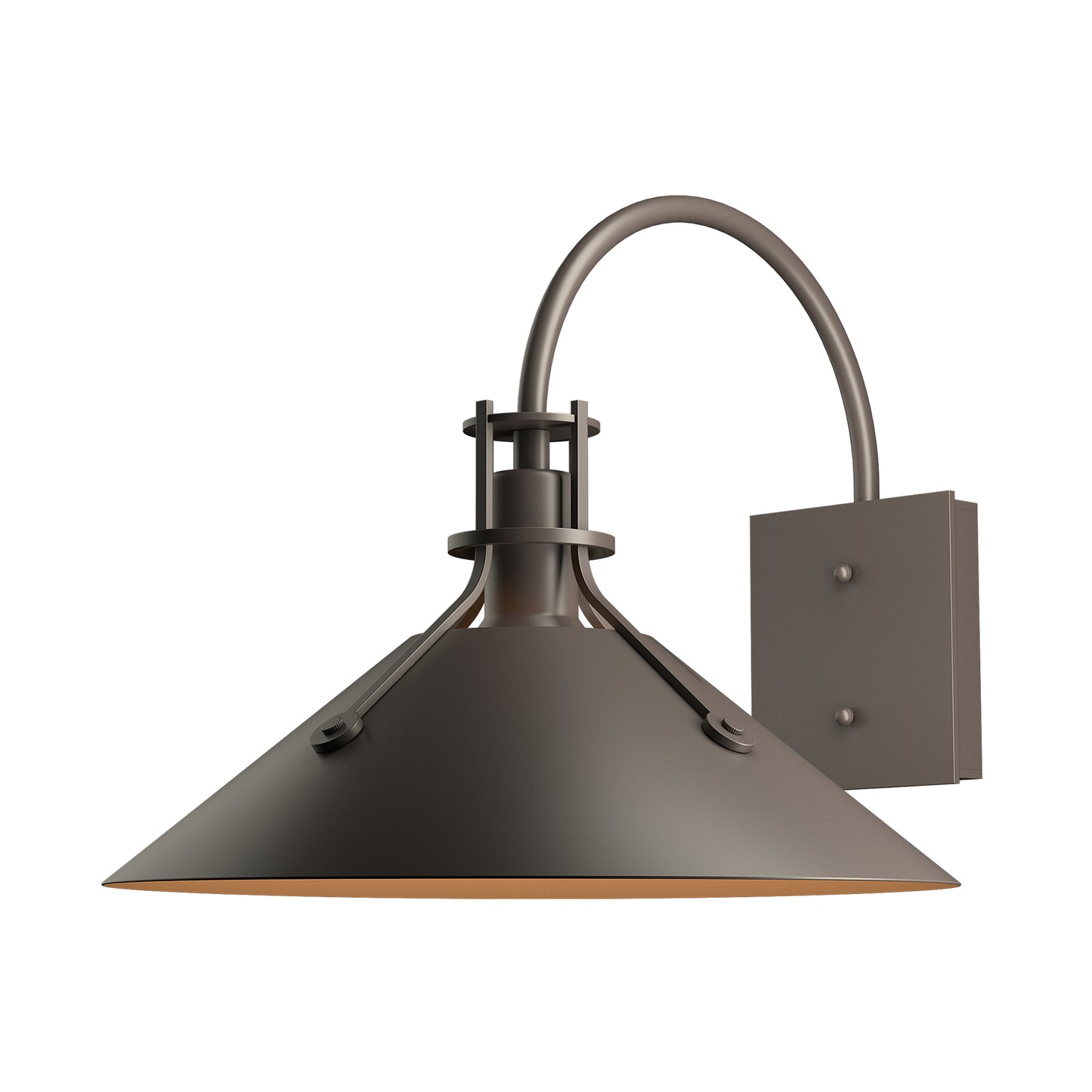 Henry Large Dark Sky Friendly Outdoor Sconce by Hubbardton Forge with matte black conical shade and curved arm, American made, quality craftsmanship.