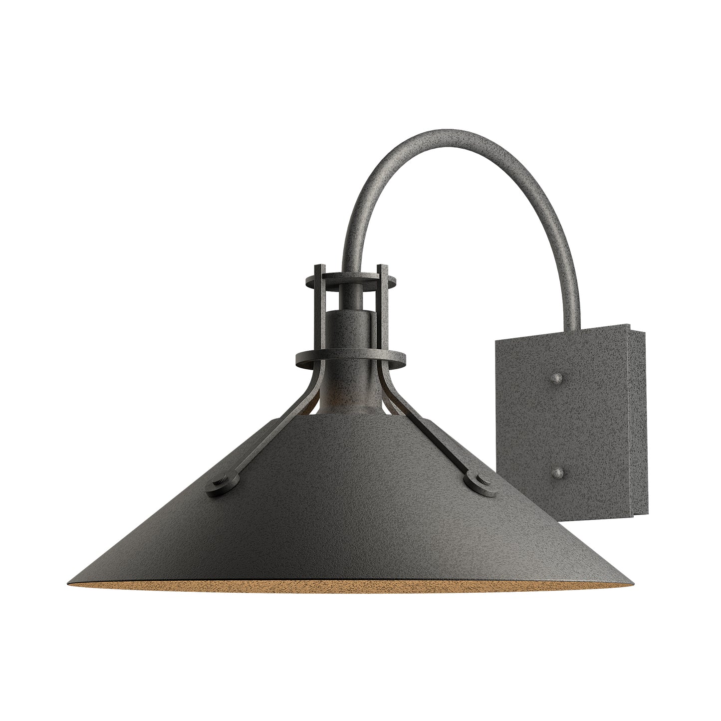 The Henry Large Dark Sky Friendly Outdoor Sconce by Hubbardton Forge showcases a bold black cone shade and elegant curved arm, highlighting its American craftsmanship.