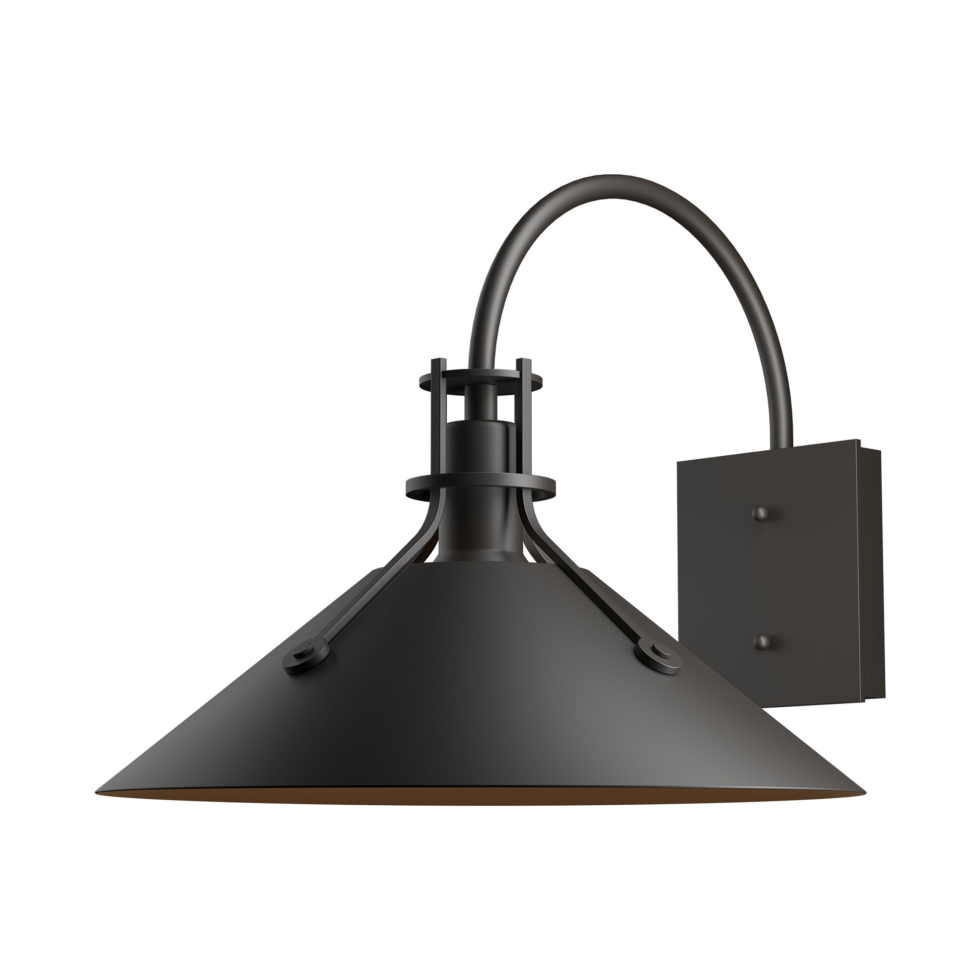 Henry Large Dark Sky Friendly Outdoor Sconce by Hubbardton Forge with wide cone shade, curved arm, and rectangular backplate, handcrafted in Vermont.