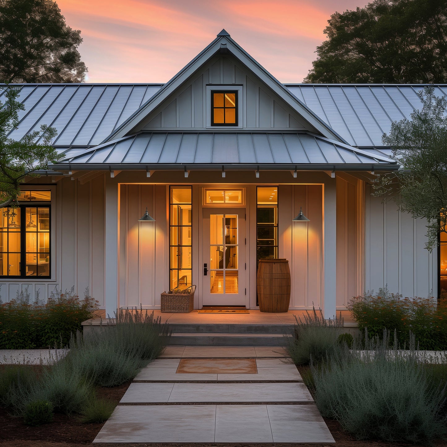 Beautiful American-made wooden furniture showcased on the porch of a modern farmhouse, highlighted by warm sunset lighting.