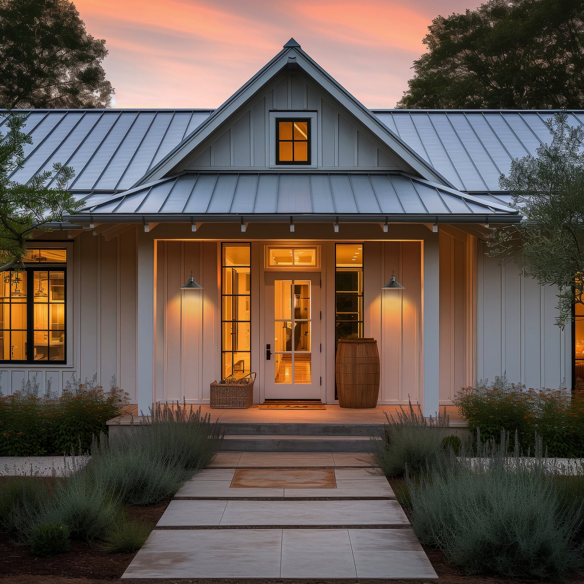 Beautiful American-made wooden furniture showcased on the porch of a modern farmhouse, highlighted by warm sunset lighting.