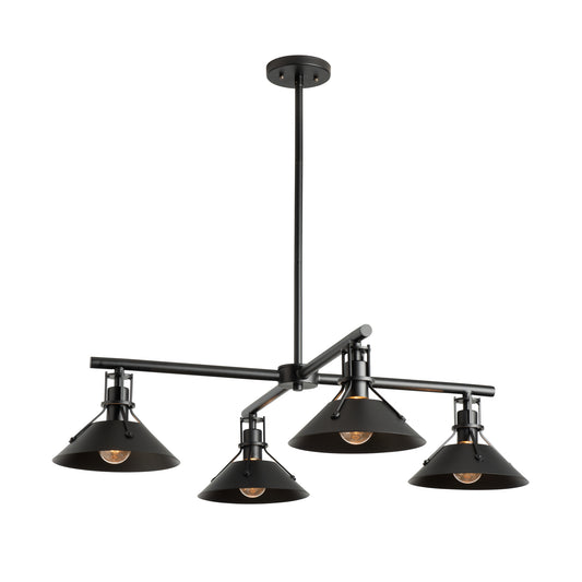 Henry Outdoor 4-Light Pendant by Hubbardton Forge with four black metal cone shades in a sleek linear industrial design, highlighting expert American craftsmanship.